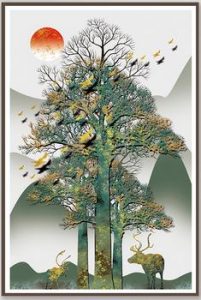 Tranh Hươu bên cây cổ thụ 471TL – File gốc psd tranh in deco lụa kính 3D