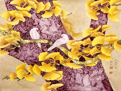 Chim Bồ Câu Trên Cây Lá Vàng 597 – File gốc Tranh Thủy Mặc Hoa Cỏ